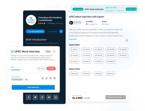 1:1 UPSC mock interview consultation booking dashboard with date and time 
selection.
